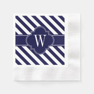 Marineblauw Witte Strepen, Marineblauw Label Monog Servetten