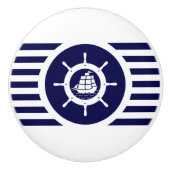 Marineblauw & witte strepen met nautisch bootwiel keramische knop (Voorkant)