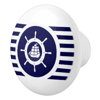 Marineblauw & witte strepen met nautisch bootwiel keramische knop
