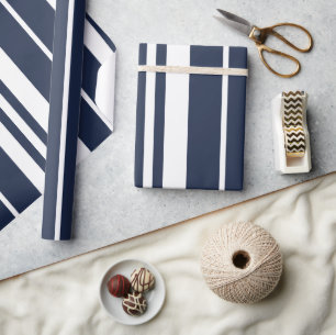 Marineblauw Witte Strepen Modern Cadeaupapier