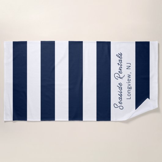 Marineblauw witte strepen naam schrift strandlaken (Voorkant)