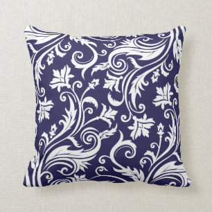 Marineblauw Witte Vintage Damast Patroon Kussen