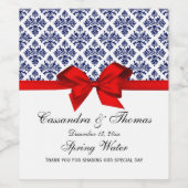 marineblauw Wt Damask W Red Bow Wijn Etiket (Enkel label)