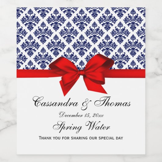  marineblauw Wt Damask W Red Bow Wijn Etiket (Enkel label)