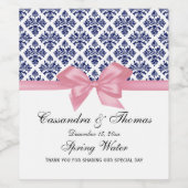  marineblauw Wt Damask W roze Bow Wijn Etiket (Enkel label)