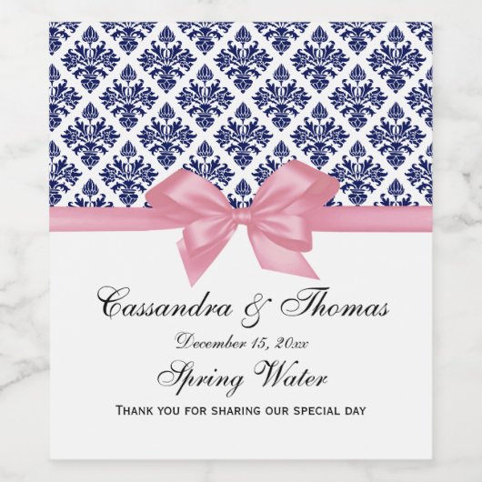 marineblauw Wt Damask W roze Bow Wijn Etiket (Enkel label)