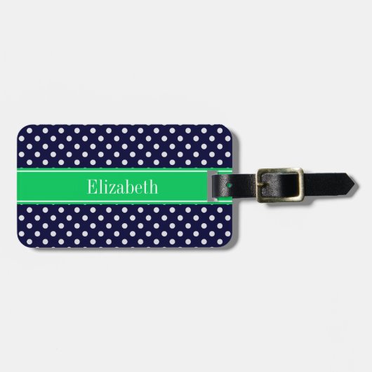 Marineblauw Wt Stippen Smaragdgroene Naam Monogram Bagagelabel (Voorkant horizontaal)