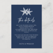 Marineblauw zeesterren strand bruiloft details informatiekaartje (Voorkant)