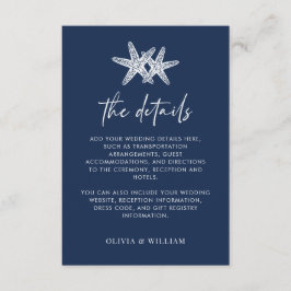 Marineblauw zeesterren strand bruiloft details informatiekaartje