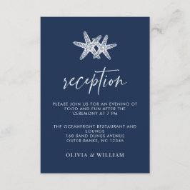Marineblauw zeesterren strand bruiloft receptie informatiekaartje