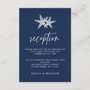 Marineblauw zeesterren strand bruiloft receptie informatiekaartje