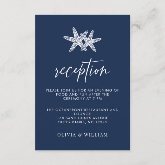 Marineblauw zeesterren strand bruiloft receptie informatiekaartje (Voorkant)