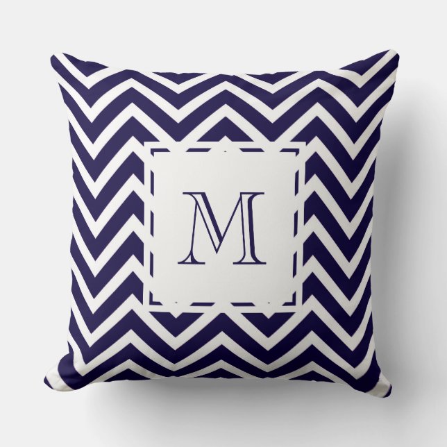 Marineblauw Zigzag grafisch chevron monogram Kussen (Voorkant)