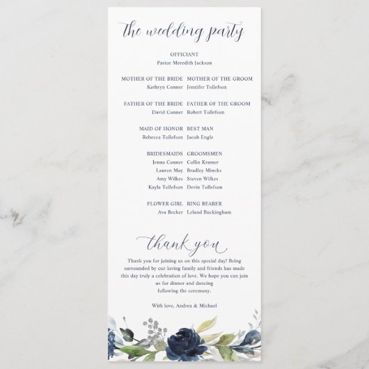 Marineblauw, zilver, botanisch groen huwelijk programmakaart (Achterkant)