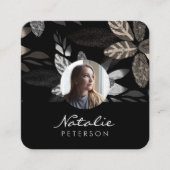 marineblauw zilver botanische scriptfoto vierkante visitekaartje (Voorkant)