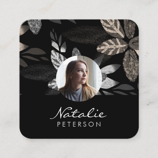 marineblauw zilver botanische scriptfoto vierkante visitekaartje (Voorkant)