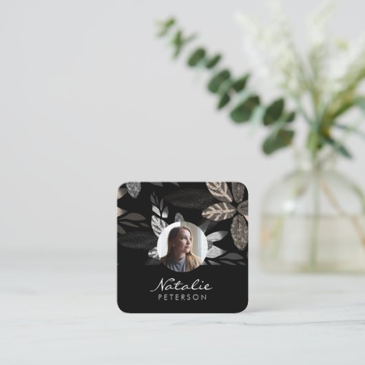 marineblauw zilver botanische scriptfoto vierkante visitekaartje (Staand voorkant)
