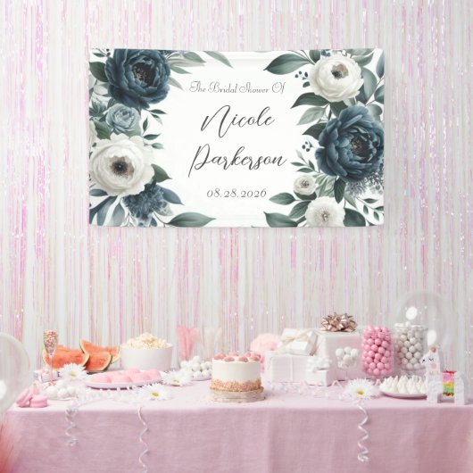 Marineblauw & Zilver Ivoren Bloem Bruidsdouche Spandoek (Feest)