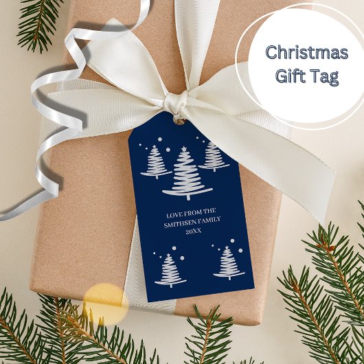 Marineblauw zilver minimalistische kerstbomen cadeaulabel