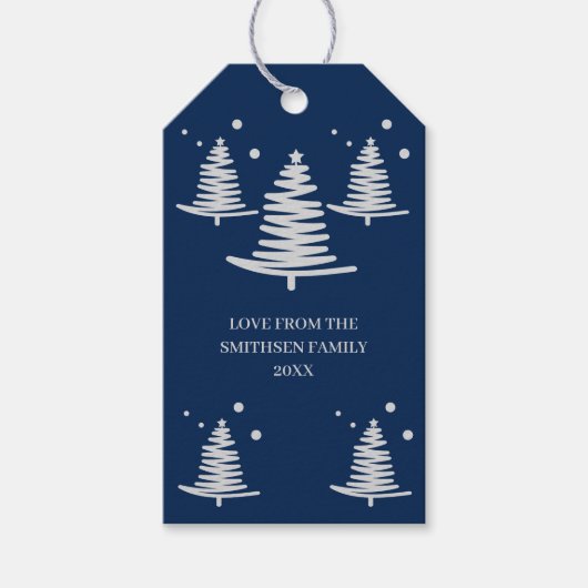 Marineblauw zilver minimalistische kerstbomen cadeaulabel (Voorkant)