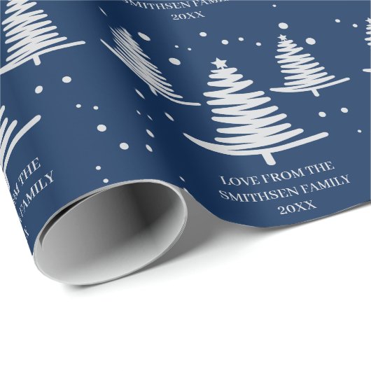 Marineblauw zilver minimalistische kerstbomen cadeaupapier (Rol Hoek)