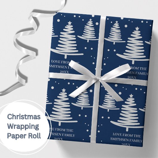 Marineblauw zilver minimalistische kerstbomen cadeaupapier
