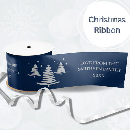Marineblauw zilver minimalistische kerstbomen satijnen lint