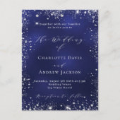 Marineblauw zilver modern script bruiloft uitnodiging briefkaart (Voorkant)