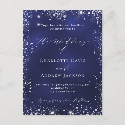 Marineblauw zilver modern script bruiloft uitnodiging briefkaart (Voorkant)