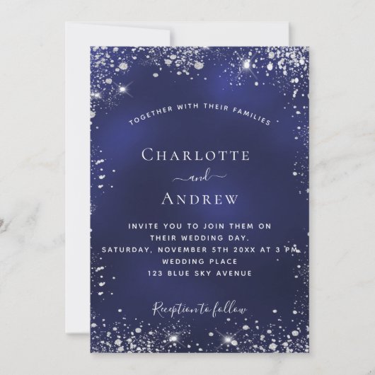 Marineblauw zilver QR-code RSVP luxe bruiloft Kaart (Voorkant)