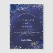 Marineblauw zilver schittert florale luxe bruiloft magnetische uitnodiging (Voorkant)