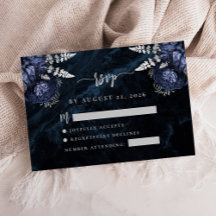 Marineblauw Zilveren Bloem Agate Script Trouw RSVP