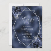 Marineblauw Zilveren Bloem Geo Folie Save the Date (Voorkant)