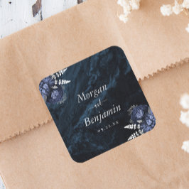 Marineblauw Zilveren Bloemen Bruiloft Vierkante Sticker