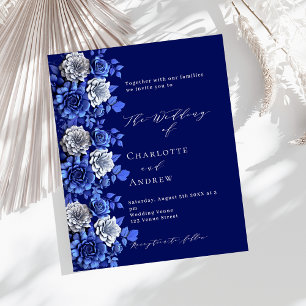 Marineblauw zilveren bloemen budget bruiloft uitno