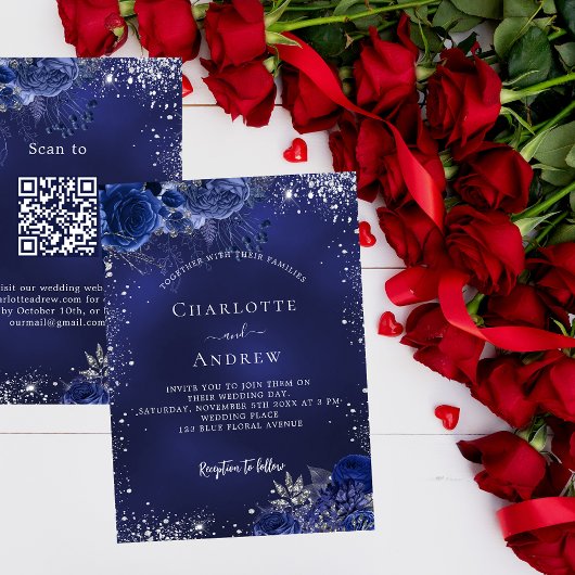 Marineblauw zilveren bloemen QR code RSVP bruiloft Kaart