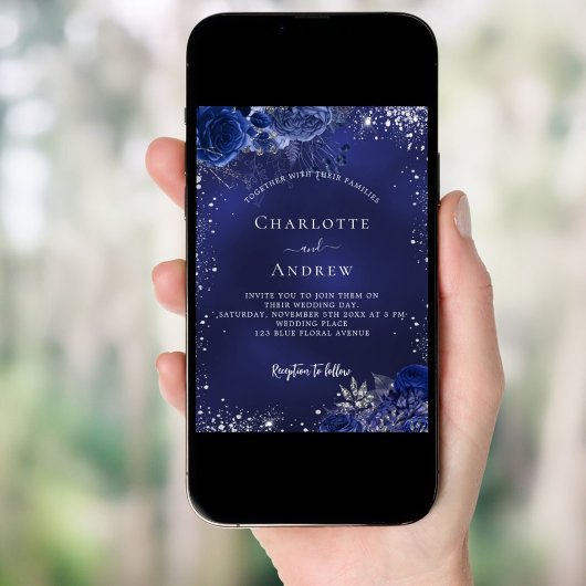 Marineblauw zilveren bloemen QR code RSVP bruiloft Kaart