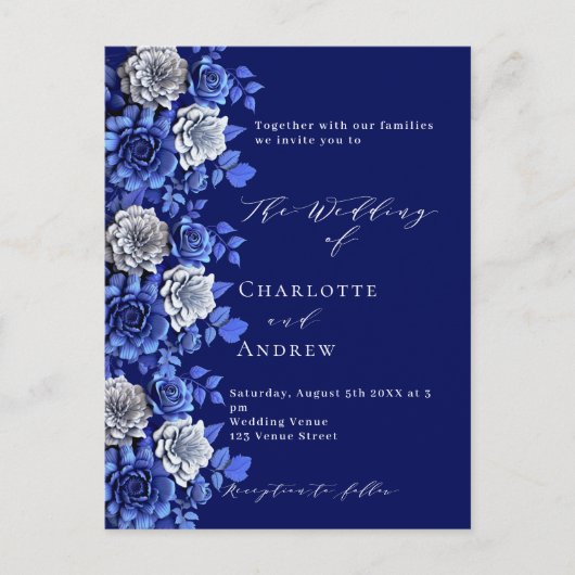 Marineblauw zilveren bloemen script bruiloft uitnodiging briefkaart (Voorkant)