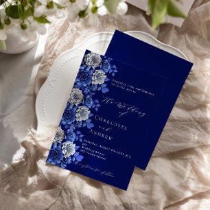Marineblauw zilveren bloemen script luxe bruiloft kaart