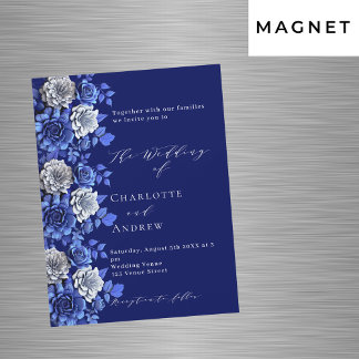 Marineblauw zilveren bloemen script luxe bruiloft magnetische uitnodiging