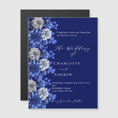 Marineblauw zilveren bloemen script luxe bruiloft magnetische uitnodiging (Voorkant / Achterkant)