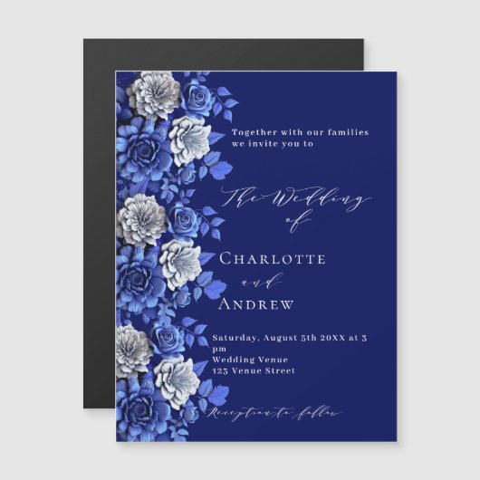 Marineblauw zilveren bloemen script luxe bruiloft magnetische uitnodiging (Voorkant / Achterkant)