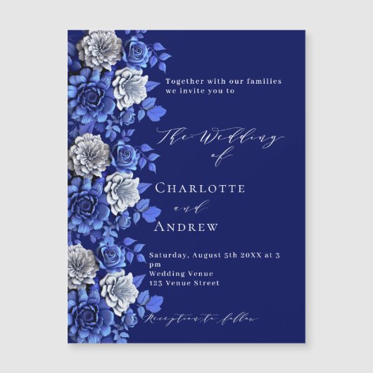 Marineblauw zilveren bloemen script luxe bruiloft magnetische uitnodiging (Voorkant)