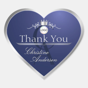 Marineblauw Zilveren Frame Logo en Monogram Bedank Hart Sticker