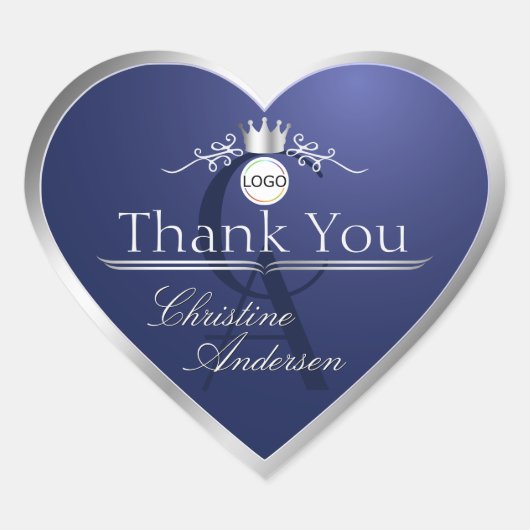 Marineblauw Zilveren Frame Logo en Monogram Bedank Hart Sticker (Voorkant)