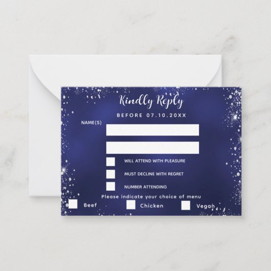 Marineblauw zilveren menu kiest bruiloft RSVP (Voorkant)