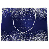 Marineblauw zilveren naam bruiloft groot cadeauzakje (Voorkant)