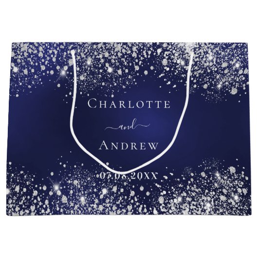 Marineblauw zilveren naam bruiloft groot cadeauzakje (Voorkant)