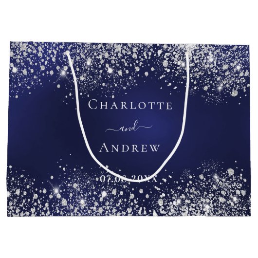 Marineblauw zilveren naam bruiloft groot cadeauzakje (Achterkant)