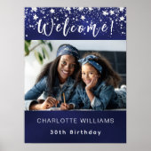 Marineblauw zilveren ster foto verjaardagsfeestje  poster (Voorkant)